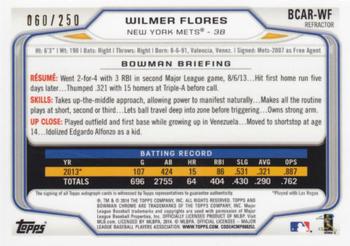 2014 Bowman - Chrome Rookie Autographs Blue Refractors #BCAR-WF Wilmer Flores Back