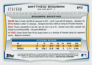 2014 Bowman - Prospects Blue #BP72 Matthew Bowman Back