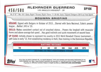 2014 Bowman - Prospects Blue #BP106 Alex Guerrero Back