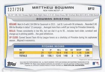 2014 Bowman - Prospects Orange #BP72 Matthew Bowman Back