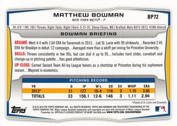 2014 Bowman - Prospects Hometown #BP72 Matthew Bowman Back
