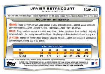 2014 Bowman - Chrome Prospect Autographs #BCAP-JBE Javier Betancourt Back