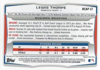 2014 Bowman - Chrome Prospect Autographs #BCAP-LT Lewis Thorpe Back