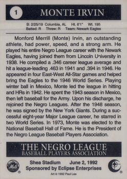 1992 Eclipse Negro League BPA Paul Lee #1 Monte Irvin Back