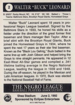 1992 Eclipse Negro League BPA Paul Lee #2 Walter Leonard Back