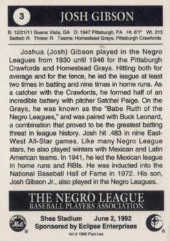 1992 Eclipse Negro League BPA Paul Lee #3 Josh Gibson Back