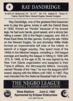 1992 Eclipse Negro League BPA Paul Lee #4 Ray Dandridge Back