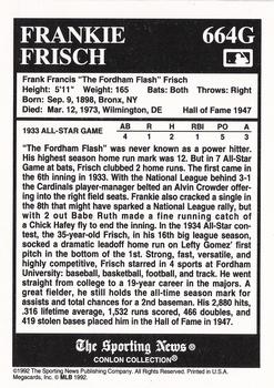 1992-93 Conlon TSN Gold Inserts #664G Frankie Frisch Back