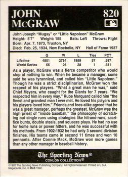 1992-93 Conlon TSN Gold Inserts #820 John McGraw Back