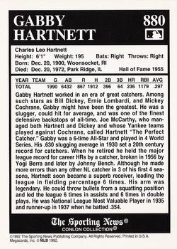 1992-93 Conlon TSN Gold Inserts #880 Gabby Hartnett Back