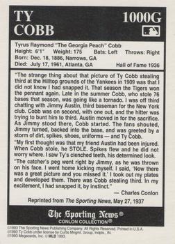 1992-93 Conlon TSN Gold Inserts #1000G Ty Cobb Back