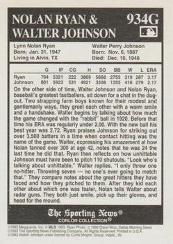 1992-93 Conlon TSN Gold Inserts #934G Walter Johnson / Nolan Ryan Back