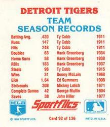 1987 Sportflics - Team Logo Trivia #92 Team Season Records Back