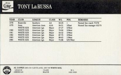 1985 Coke Chicago White Sox #NNO Tony LaRussa / Al Lopez Back