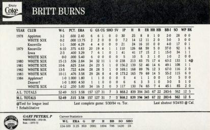 1985 Coke Chicago White Sox #NNO Britt Burns / Gary Peters Back