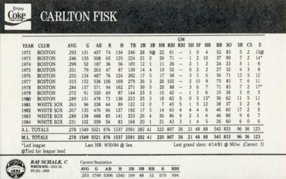 1985 Coke Chicago White Sox #NNO Carlton Fisk / Ray Schalk Back