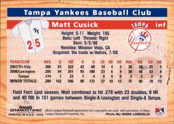 2009 Grandstand Tampa Yankees #NNO4 Matt Cusick Back