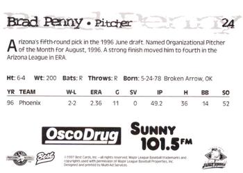 1997 Best South Bend Silver Hawks #24 Brad Penny Back