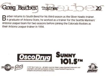 1997 Best South Bend Silver Hawks #20 Greg Barber Back