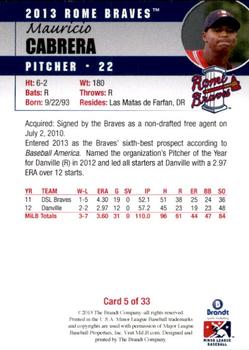 2013 Brandt Rome Braves #5 Mauricio Cabrera Back