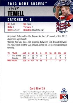 2013 Brandt Rome Braves #25 Tyler Tewell Back