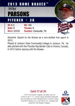 2013 Brandt Rome Braves #17 Wes Parsons Back