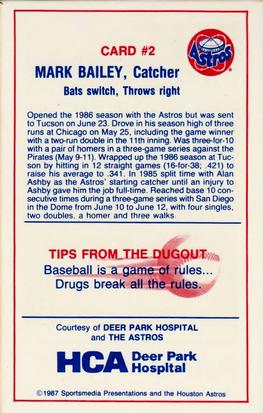 1987 Deer Park Hospital Houston Astros #2 Mark Bailey Back