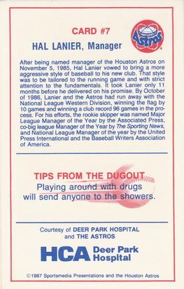 1987 Deer Park Hospital Houston Astros #7 Hal Lanier Back
