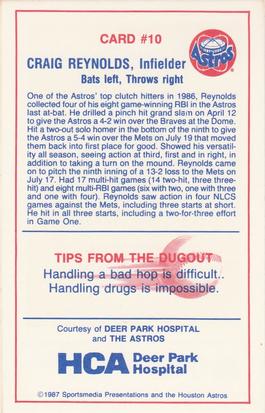 1987 Deer Park Hospital Houston Astros #10 Craig Reynolds Back
