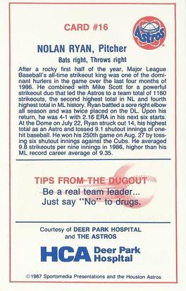 1987 Deer Park Hospital Houston Astros #16 Nolan Ryan Back