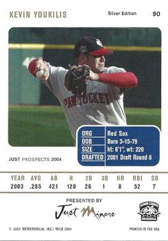 2004 Just Prospects - Silver #90 Kevin Youkilis Back