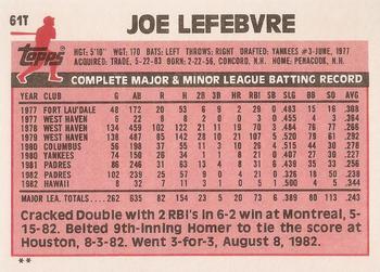 1983 Topps Traded #61T Joe Lefebvre Back