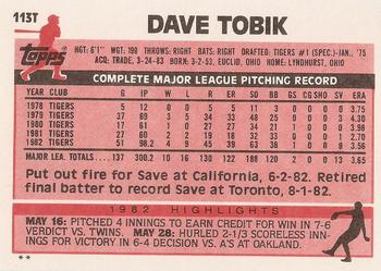 1983 Topps Traded #113T Dave Tobik Back