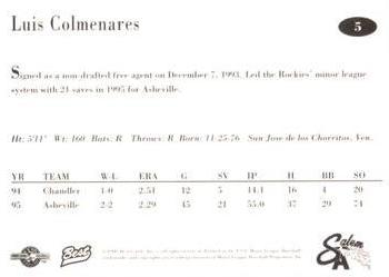 1996 Best Salem Avalanche #5 Luis Colmenares Back