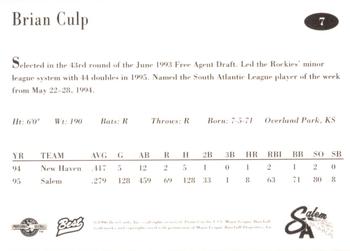 1996 Best Salem Avalanche #7 Brian Culp Back