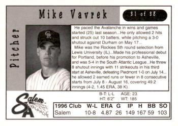 1997 Kroger Salem Avalanche #31 Mike Vavrek Back