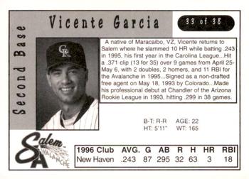 1997 Kroger Salem Avalanche #33 Vicente Garcia Back