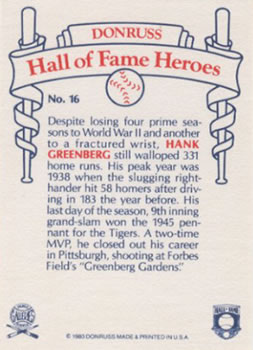 1983 Donruss Hall of Fame Heroes #16 Hank Greenberg Back