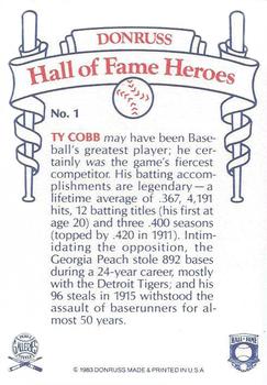 1983 Donruss Hall of Fame Heroes #1 Ty Cobb Back