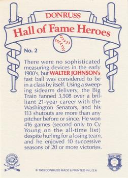 1983 Donruss Hall of Fame Heroes #2 Walter Johnson Back