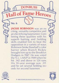 1983 Donruss Hall of Fame Heroes #6 Jackie Robinson Back