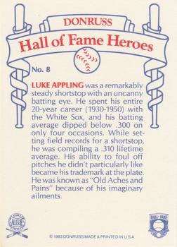 1983 Donruss Hall of Fame Heroes #8 Luke Appling Back