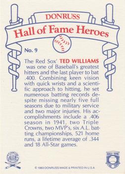 1983 Donruss Hall of Fame Heroes #9 Ted Williams Back