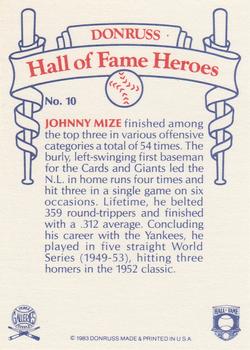 1983 Donruss Hall of Fame Heroes #10 Johnny Mize Back