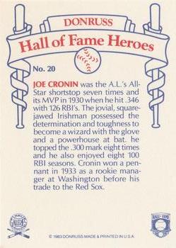 1983 Donruss Hall of Fame Heroes #20 Joe Cronin Back