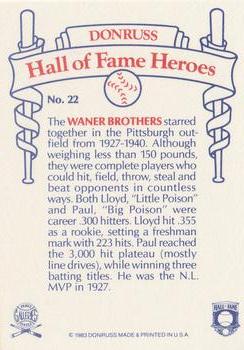 1983 Donruss Hall of Fame Heroes #22 The Waner Brothers Back