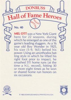 1983 Donruss Hall of Fame Heroes #40 Mel Ott Back