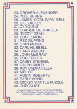 1983 Donruss Hall of Fame Heroes #44 Checklist Back