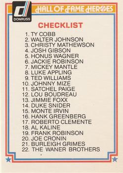 1983 Donruss Hall of Fame Heroes #44 Checklist Front