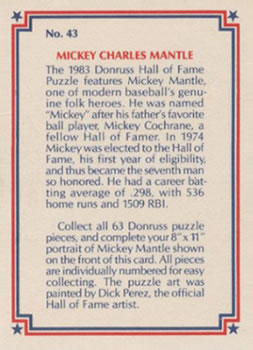 1983 Donruss Hall of Fame Heroes #43 Mickey Mantle Back
